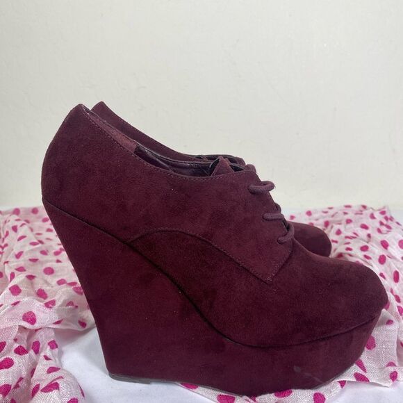 Steve Madden Burgundy Platform retro Wedge Shoes sz 9M faux suede - Picture 6 of 8